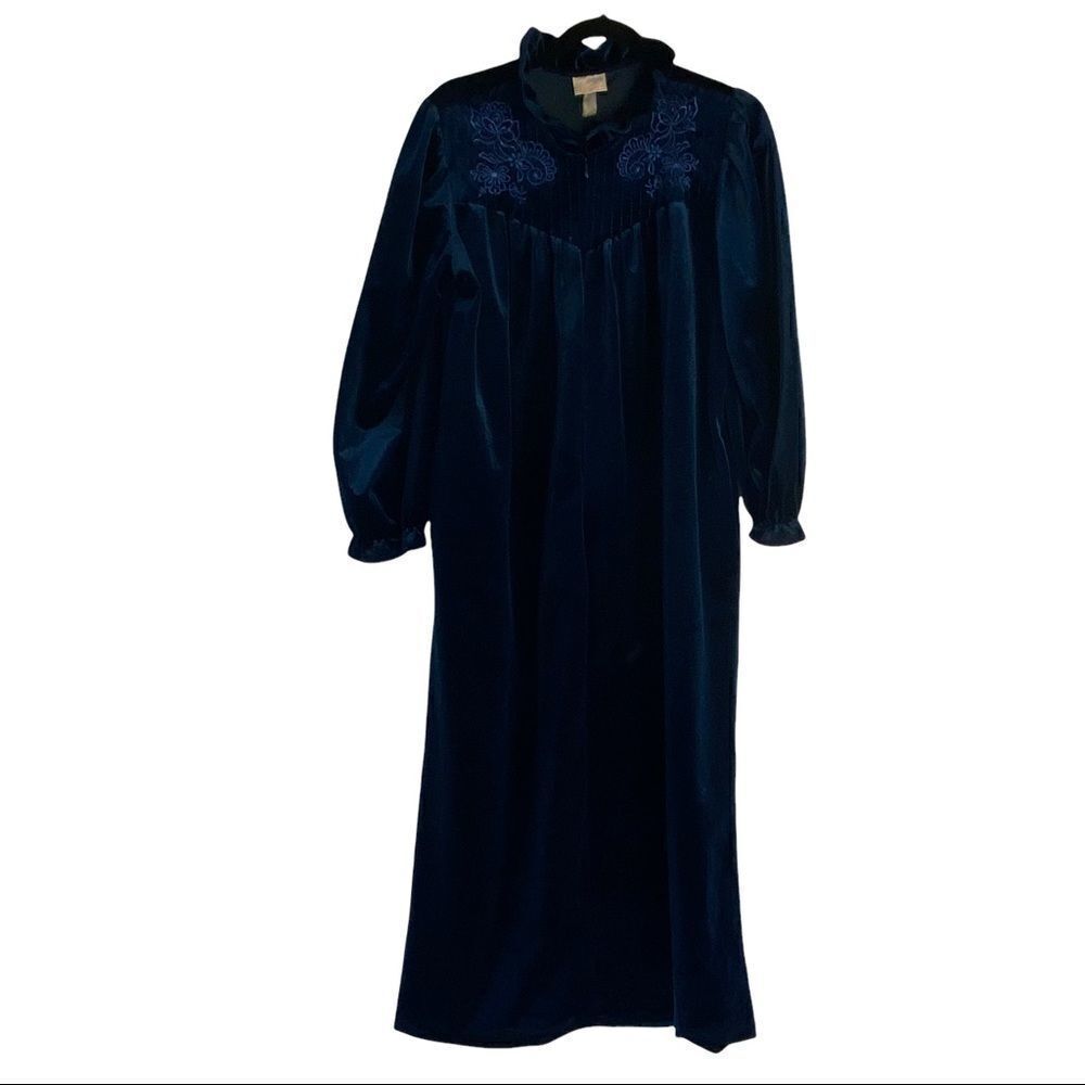 Vtg Adonna Velvet Robe Vintage Dark Blue embroidery Housecoat Lush Zip Sz S / M